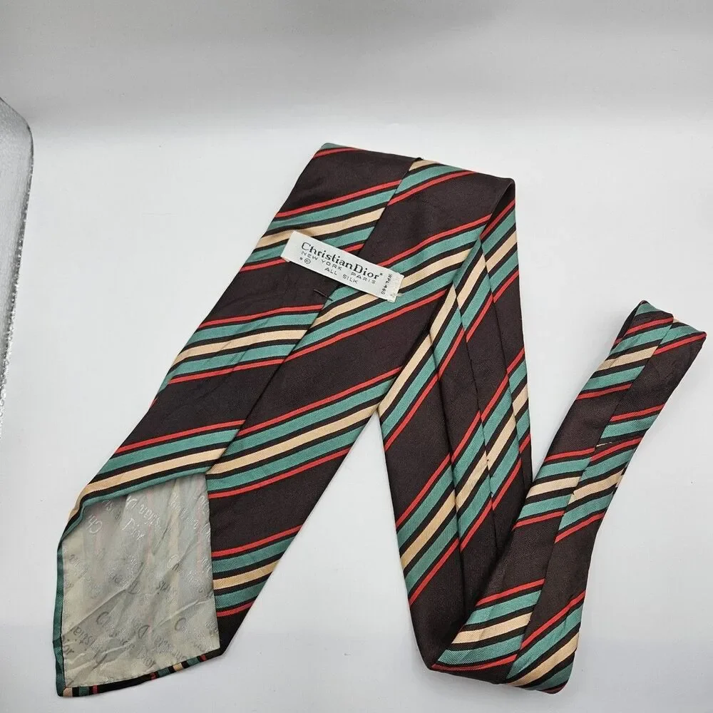VTG Christian Dior Silk Brown Base Stripe Tie Old Money Designer 56.5x4 1/8